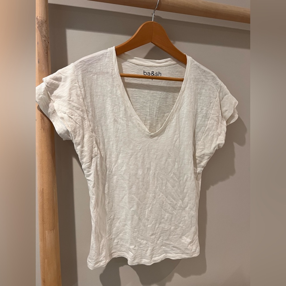 Ba&Sh ivory deep v neck short double sleeve pima cotton tee shirt sz 0 XS S
